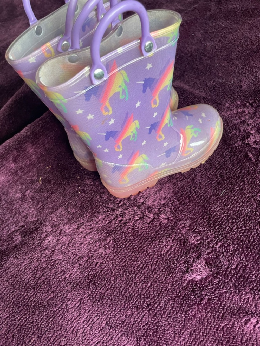 Kids Rainbow Unicorn Purple Rain Boots soles light up!